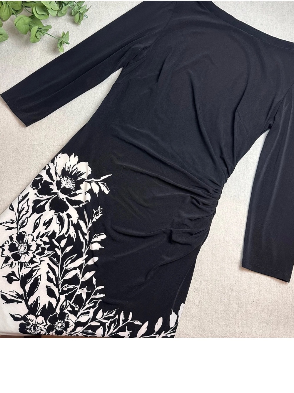 Ralph Lauren Stretch Jersey Dress Black Ivory Floral Border Side Ruching